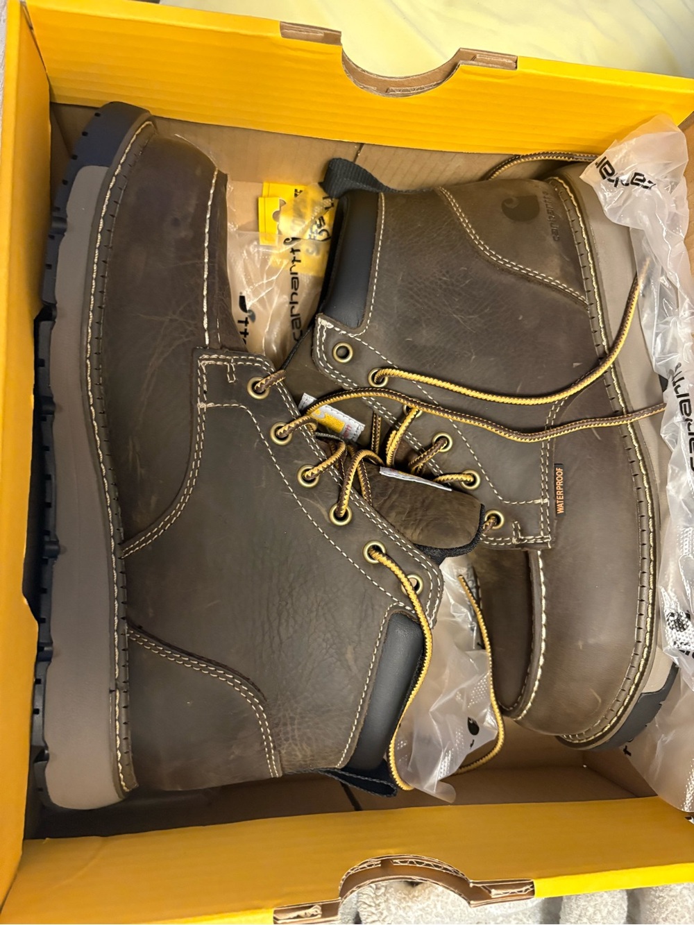 Carhartt Brown Lace-Up Work Boots with Yellow Accents